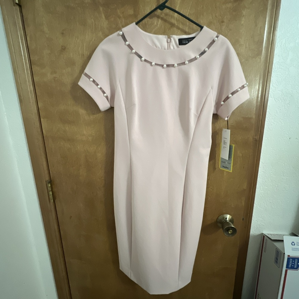 Teri Jon by Rickie Evening dress Blush Pink Pencil Sz 2 Crepe Pearl Embellished‎